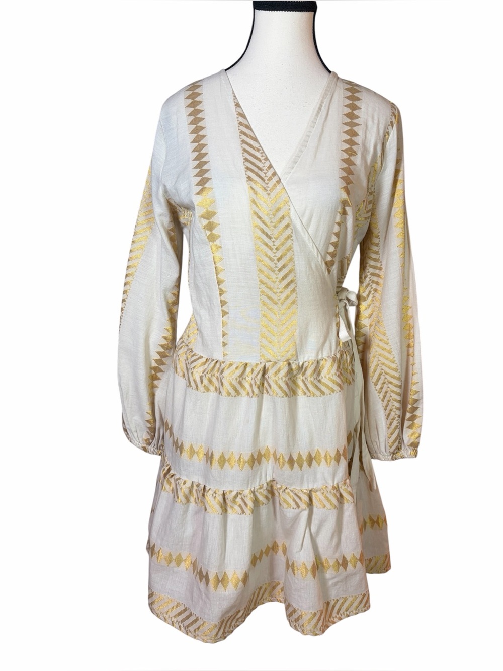Kasia Dion Mini Wrap Dress Cream Gold Metallic Resort Greek Ruffle Size XS NWT